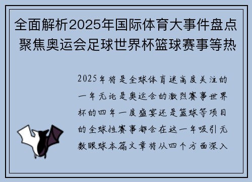 全面解析2025年国际体育大事件盘点 聚焦奥运会足球世界杯篮球赛事等热门话题